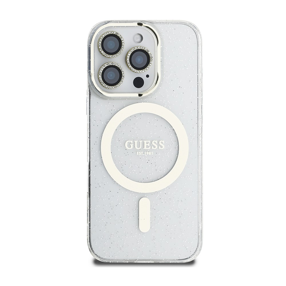 iPhone 16 Pro Guess Orjinal Lisanslı 3'lü Aksesuar Seti IML Baskılı Simli Glitter Kılıf + Ekran Koruyucu + Lens Koruyucu