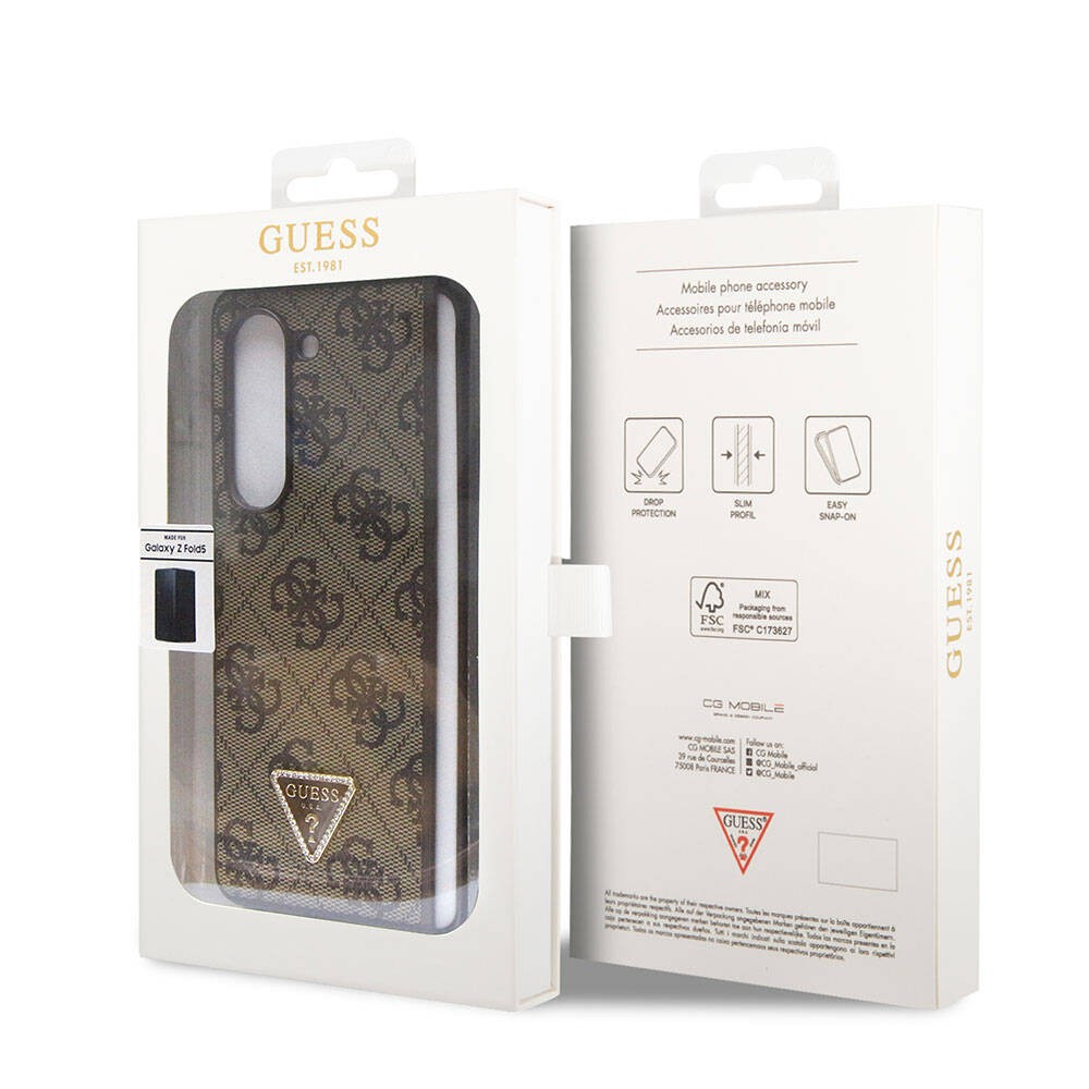 Galaxy Z Fold 5 Kılıf Guess Orjinal Lisanslı PU Deri Taşlı Üçgen Logo 4G Desenli Strass Kılıf