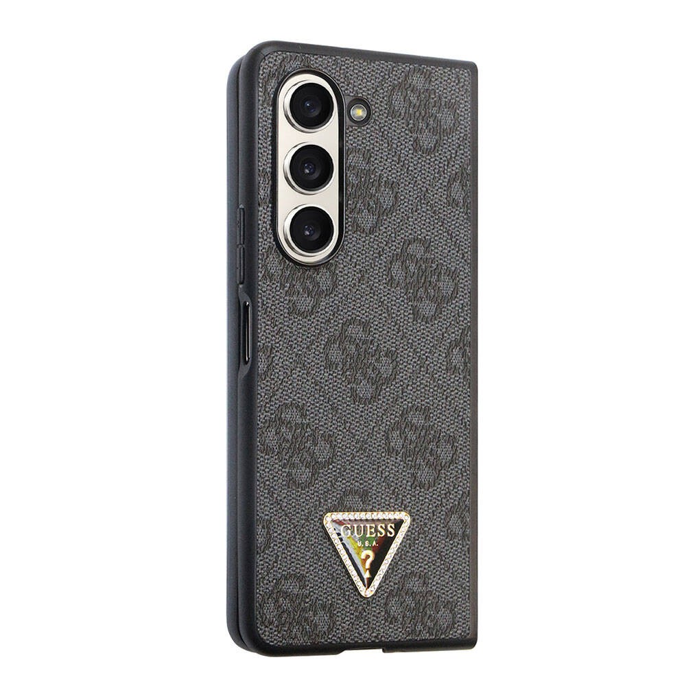 Galaxy Z Fold 5 Kılıf Guess Orjinal Lisanslı PU Deri Taşlı Üçgen Logo 4G Desenli Strass Kılıf