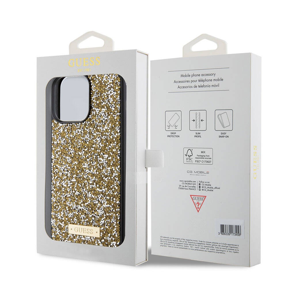 iPhone 15 Pro Max Kılıf Guess Orjinal Lisanslı Taşlı Arka Yüzey Metal Yazı Logolu Kılıf