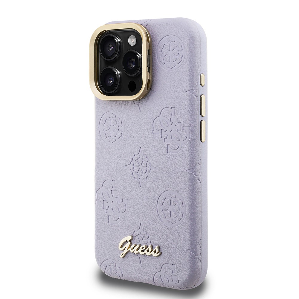Apple iPhone 16 Pro Max Kılıf Guess Orjinal Lisanslı M-safe Şarj Özellikli Sıcak Baskılı Yazı Logolu Kamera Standlı PU Deri Peony Kapak