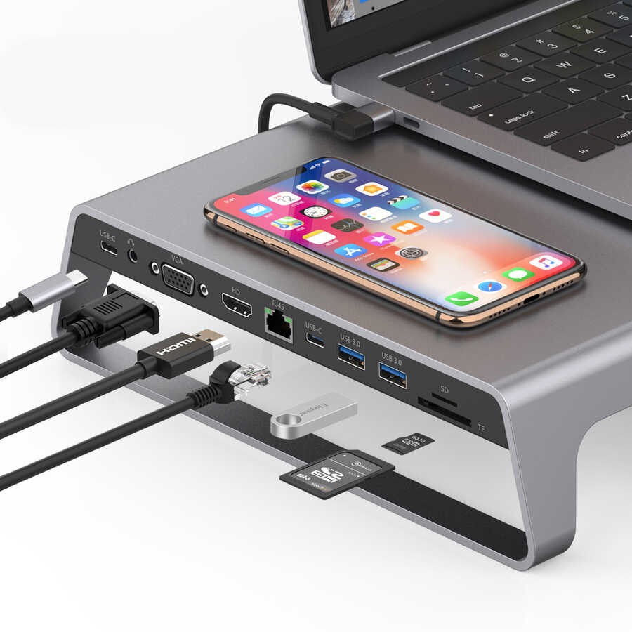 Go Des GD-9128 Hub ve Kablosuz Şarj Destekli Laptop Standı Docking Station Stand