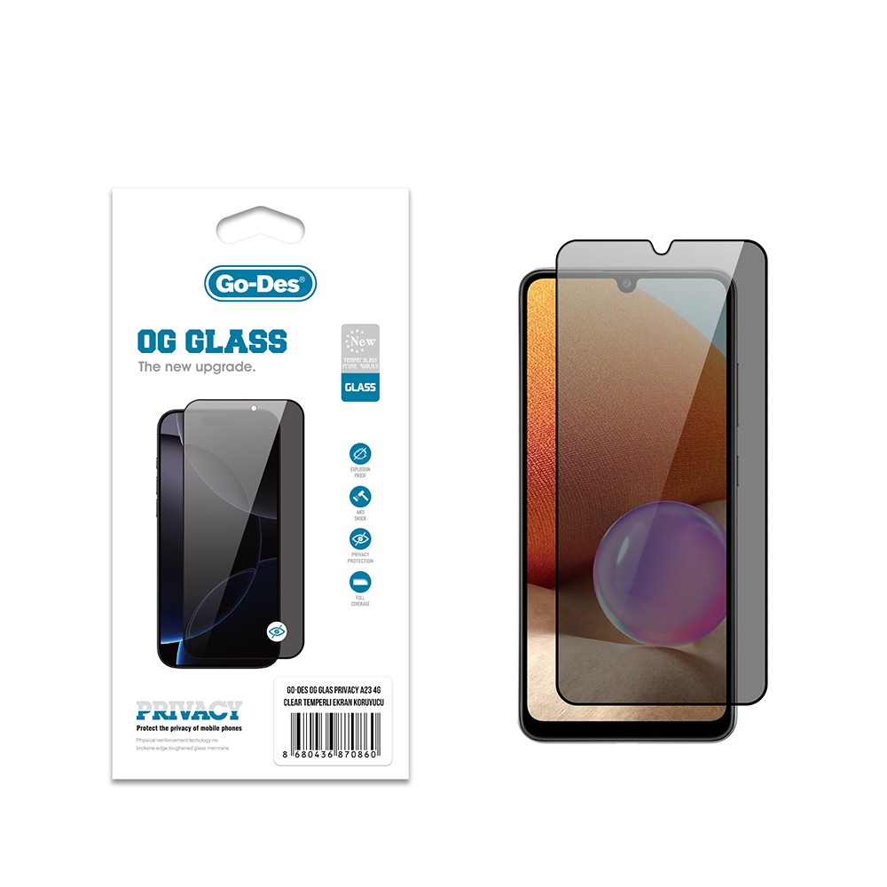 Galaxy A23 Go Des OG Glass Privacy Antistatik Temperli Cam Ekran Koruyucu