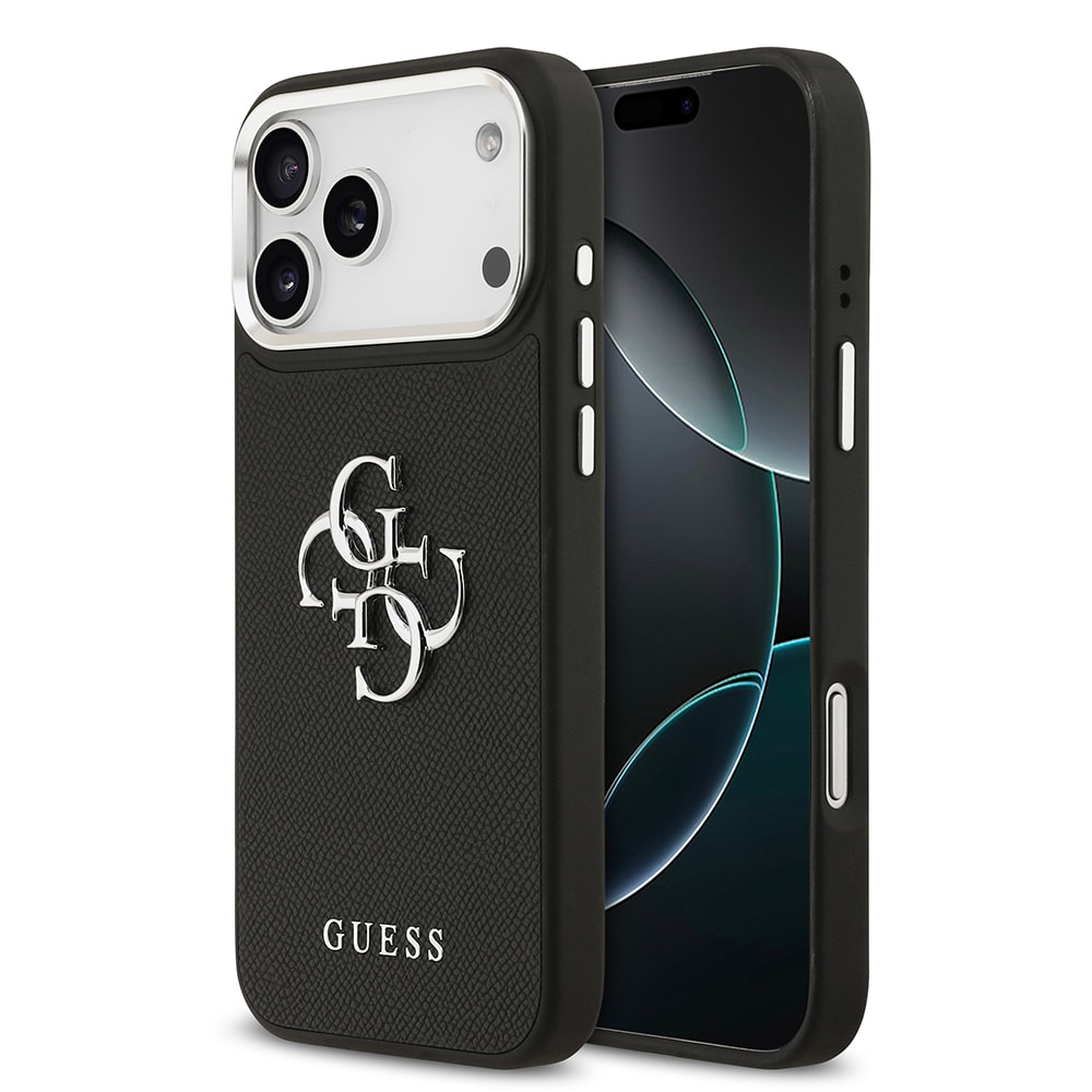 Apple iPhone 17 Pro Max Kılıf Guess Orjinal Lisanslı Metal Kamera Çerçeveli Metal Büyük 4G ve Yazı Logolu PU Deri Kapak