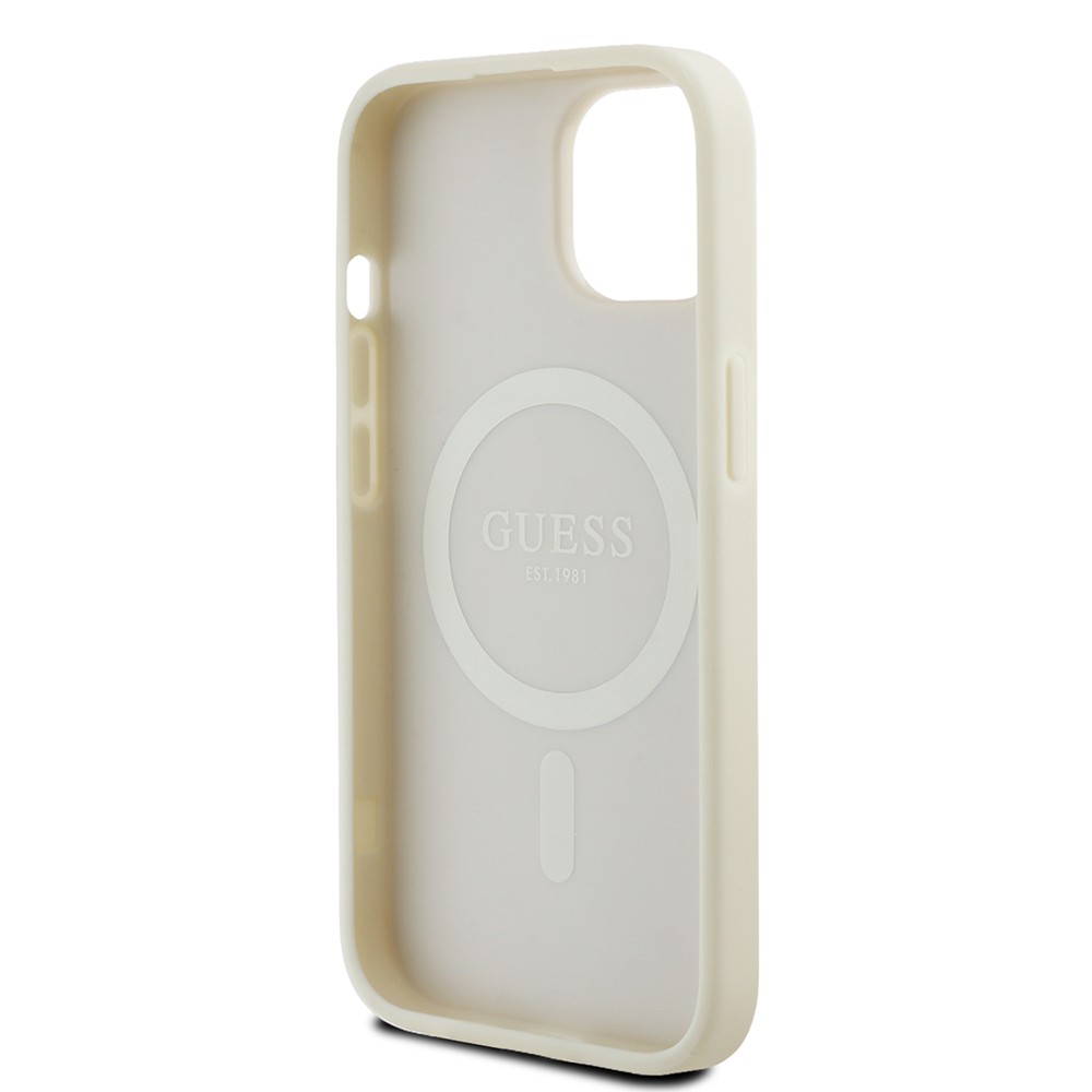 Apple iPhone 15 Kılıf Guess Orjinal Lisanslı M-safe Şarj Özellikli Sıcak Baskılı Üçgen Logolu PU Deri Peony Kapak