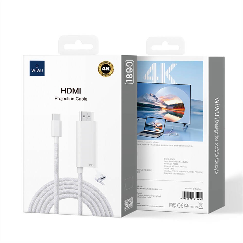 Wiwu Wi-PS001 Type-C to HDMI (4K@60Hz) PD Şarj ve Projeksiyon Kablosu 1.8M