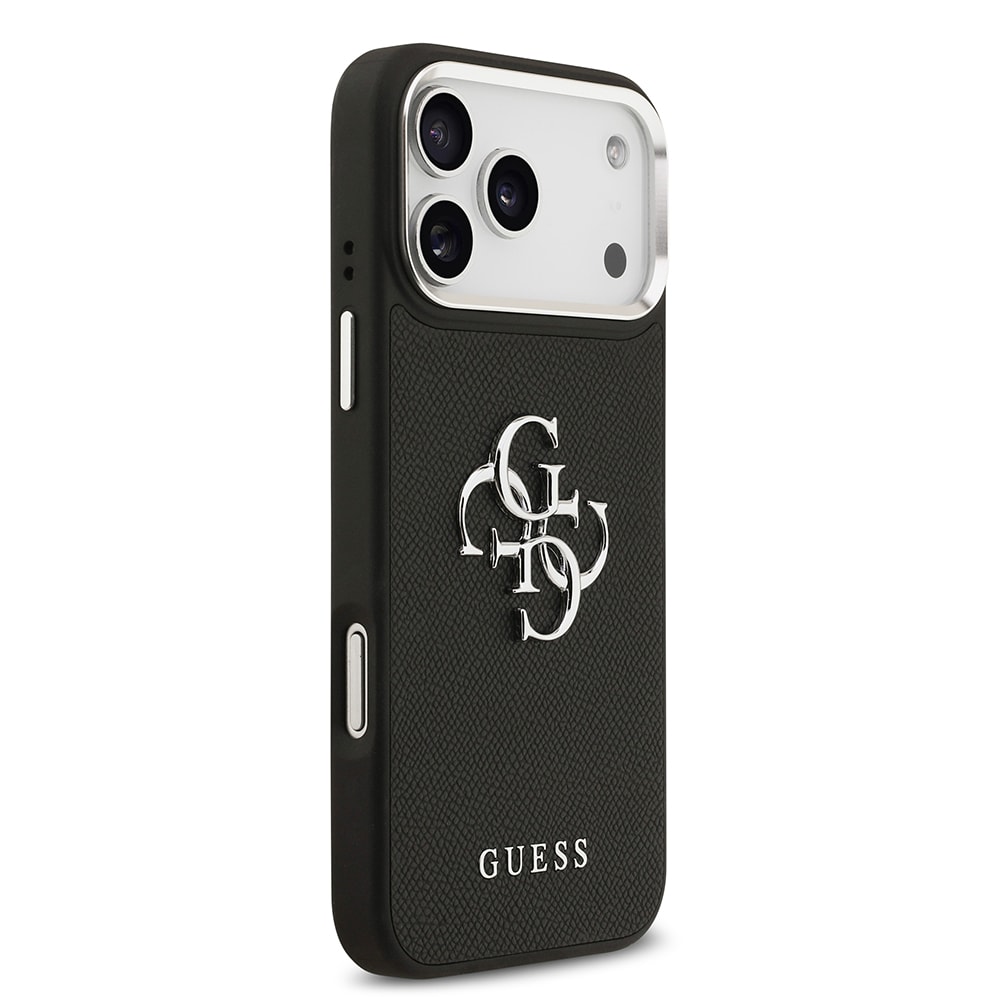 Apple iPhone 17 Pro Max Kılıf Guess Orjinal Lisanslı Metal Kamera Çerçeveli Metal Büyük 4G ve Yazı Logolu PU Deri Kapak
