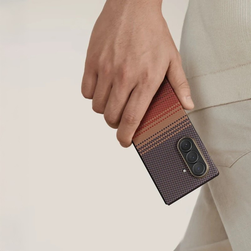 Galaxy Z Fold 7 Kılıf M-safe Şarj Özellikli Aramid Fiber Pitaka Tactile Woven Sunset-Moonrise Serisi Kapak