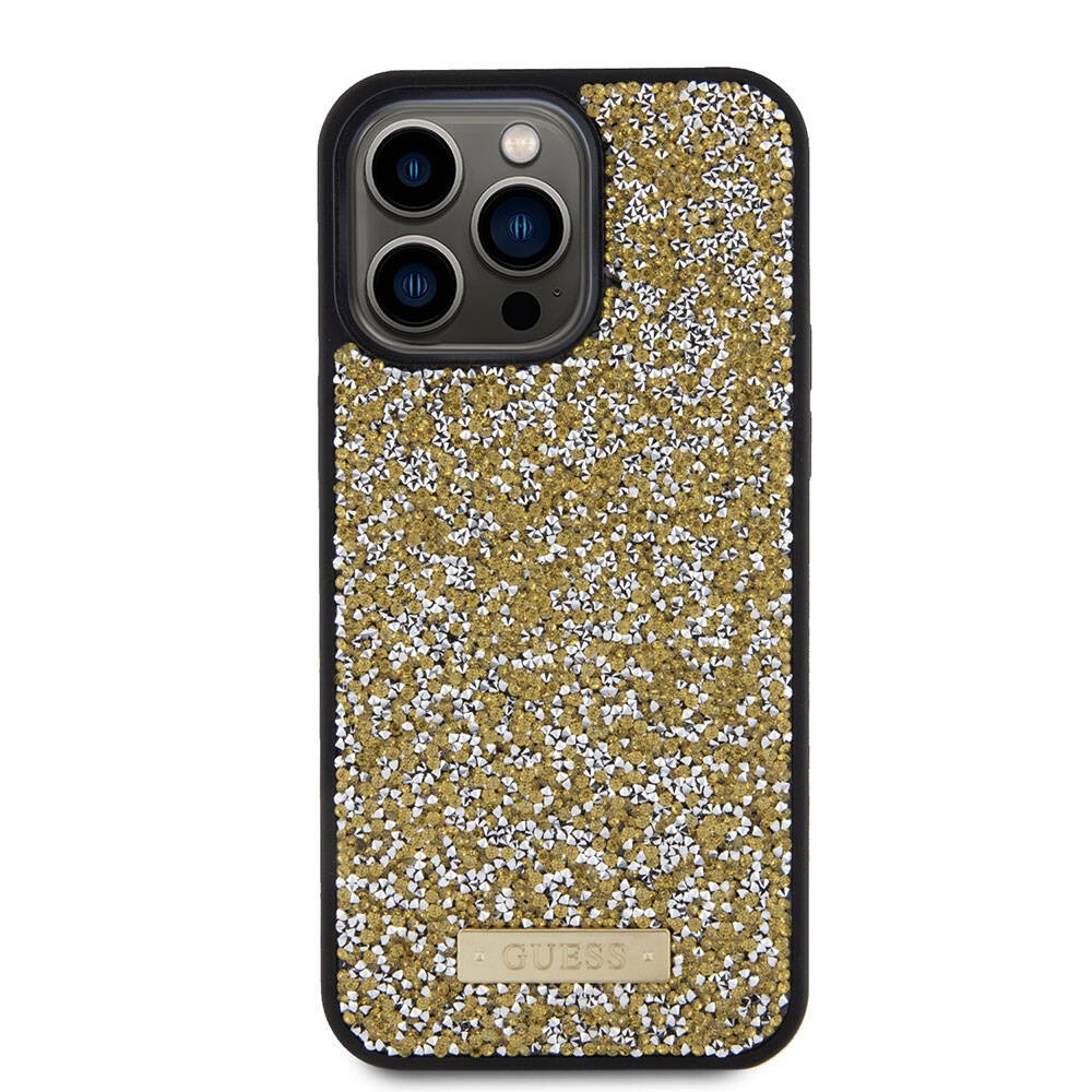 iPhone 15 Pro Max Kılıf Guess Orjinal Lisanslı Taşlı Arka Yüzey Metal Yazı Logolu Kılıf