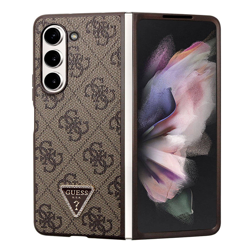 Galaxy Z Fold 5 Kılıf Guess Orjinal Lisanslı PU Deri Taşlı Üçgen Logo 4G Desenli Strass Kılıf