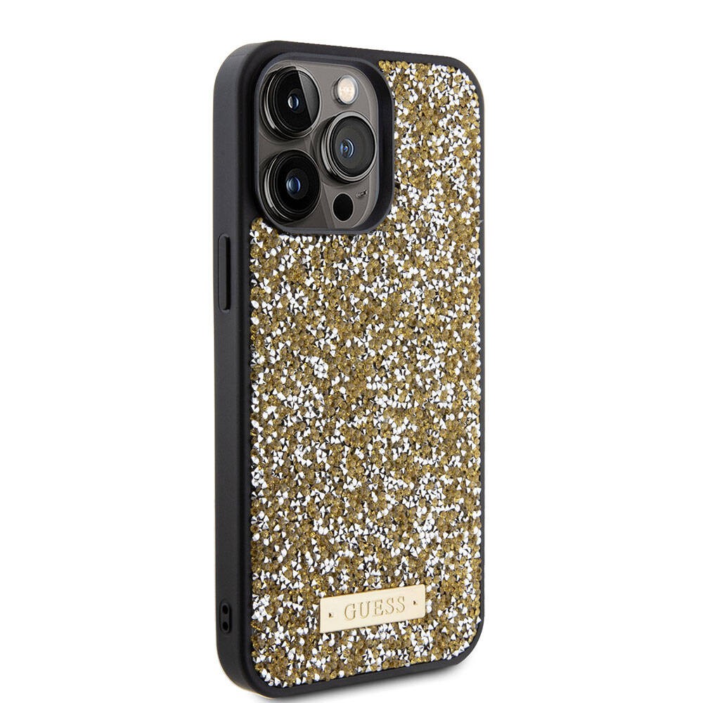 iPhone 15 Pro Max Kılıf Guess Orjinal Lisanslı Taşlı Arka Yüzey Metal Yazı Logolu Kılıf