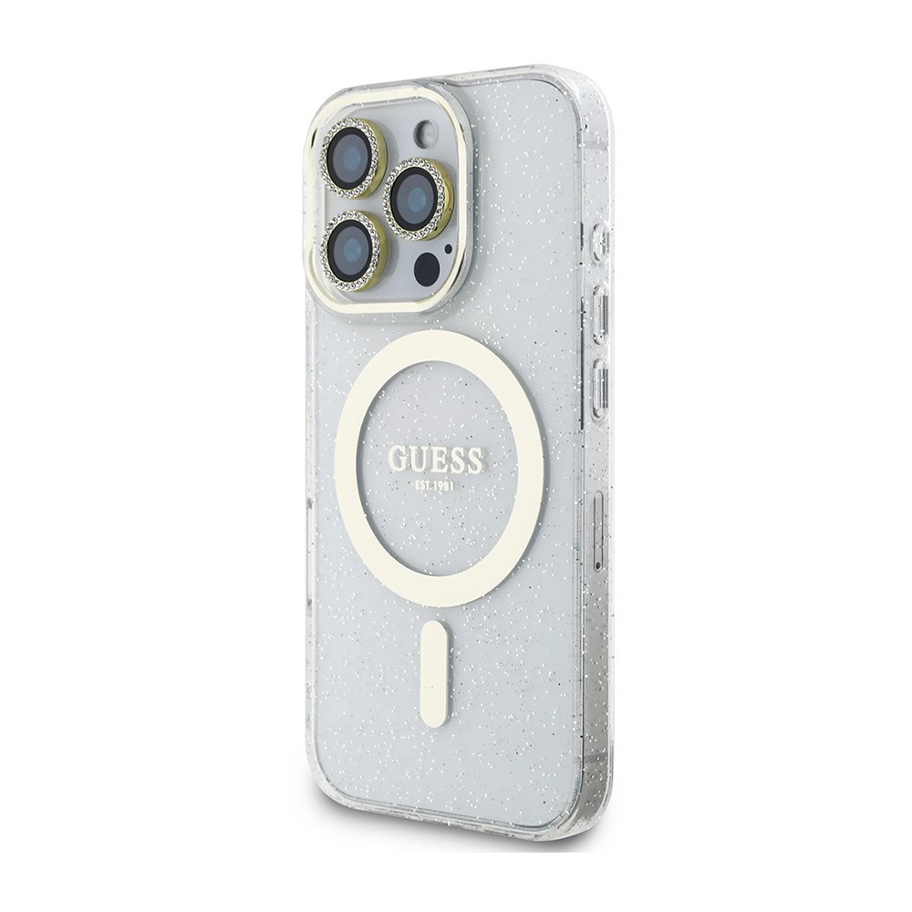 iPhone 16 Pro Guess Orjinal Lisanslı 3'lü Aksesuar Seti IML Baskılı Simli Glitter Kılıf + Ekran Koruyucu + Lens Koruyucu