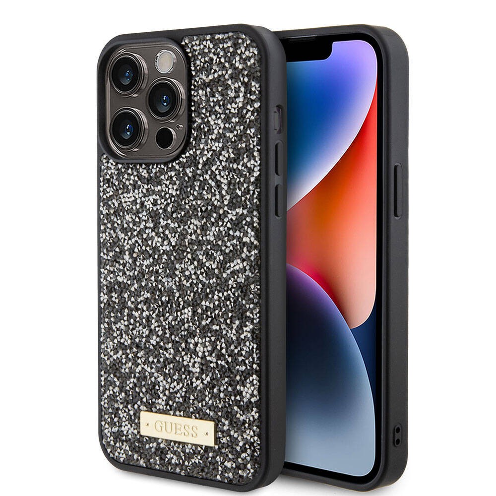 iPhone 15 Pro Max Kılıf Guess Orjinal Lisanslı Taşlı Arka Yüzey Metal Yazı Logolu Kılıf