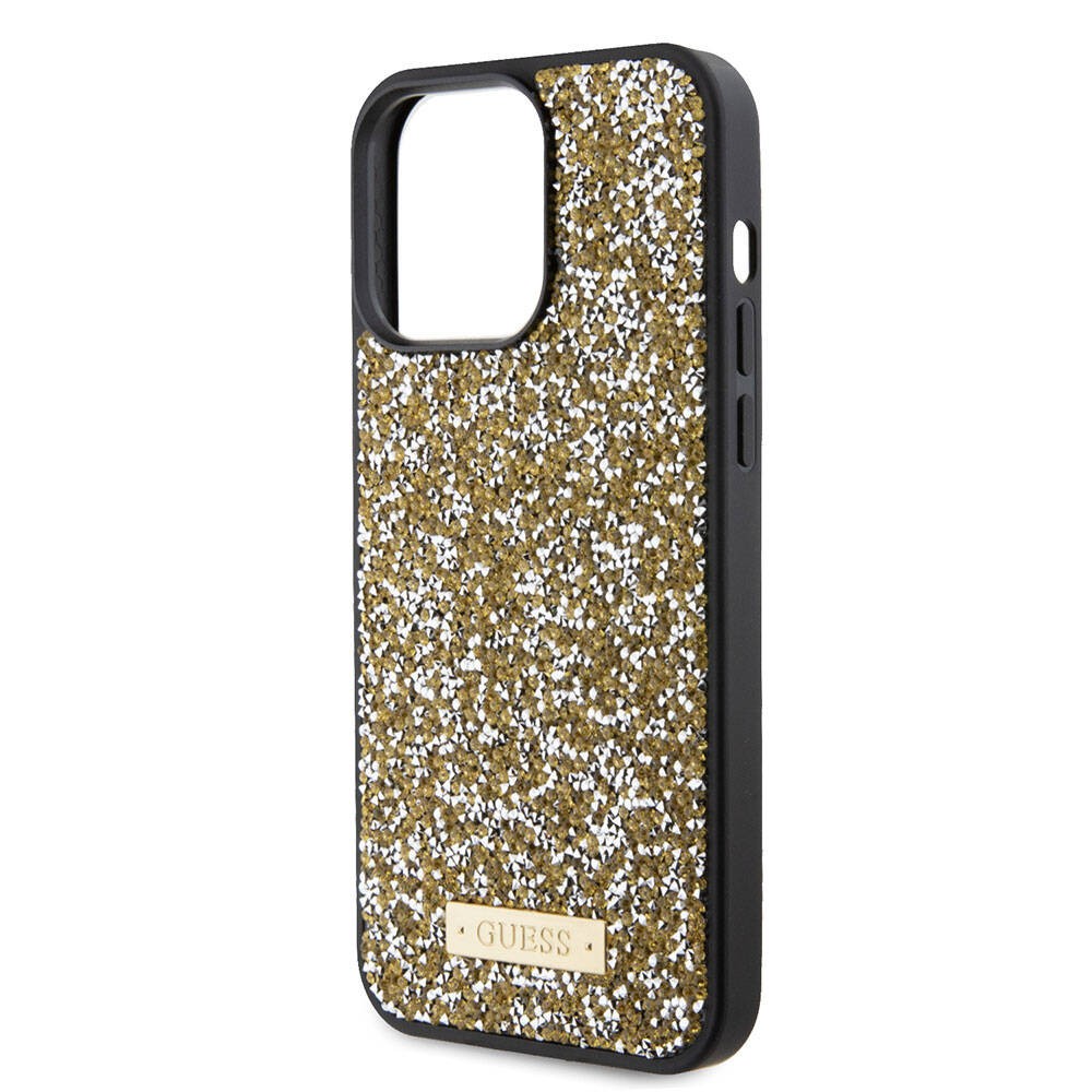 iPhone 15 Pro Max Kılıf Guess Orjinal Lisanslı Taşlı Arka Yüzey Metal Yazı Logolu Kılıf