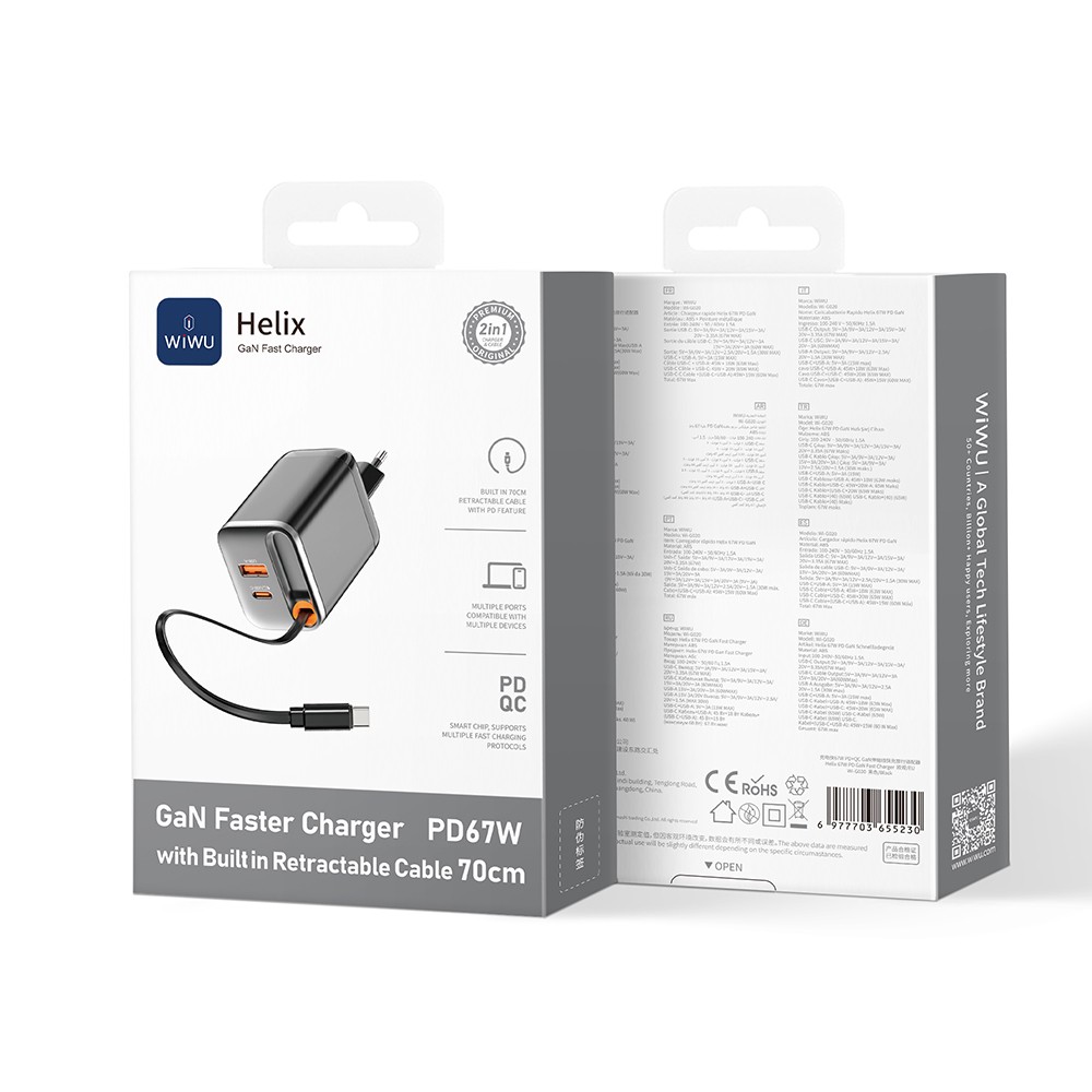 Wiwu Wi-G020 Helix Serisi GaN Teknolojili Hızlı Şarj Başlığı USB-A to Type-C PD 65W Type-C Kablolu Şarj Seti
