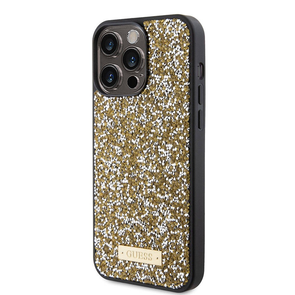 iPhone 15 Pro Max Kılıf Guess Orjinal Lisanslı Taşlı Arka Yüzey Metal Yazı Logolu Kılıf