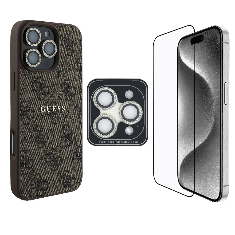 iPhone 16 Pro Max Guess Orjinal Lisanslı Kılıf + Ekran Koruyucu + Lens Koruyucu 3in1 Aksesuar Seti