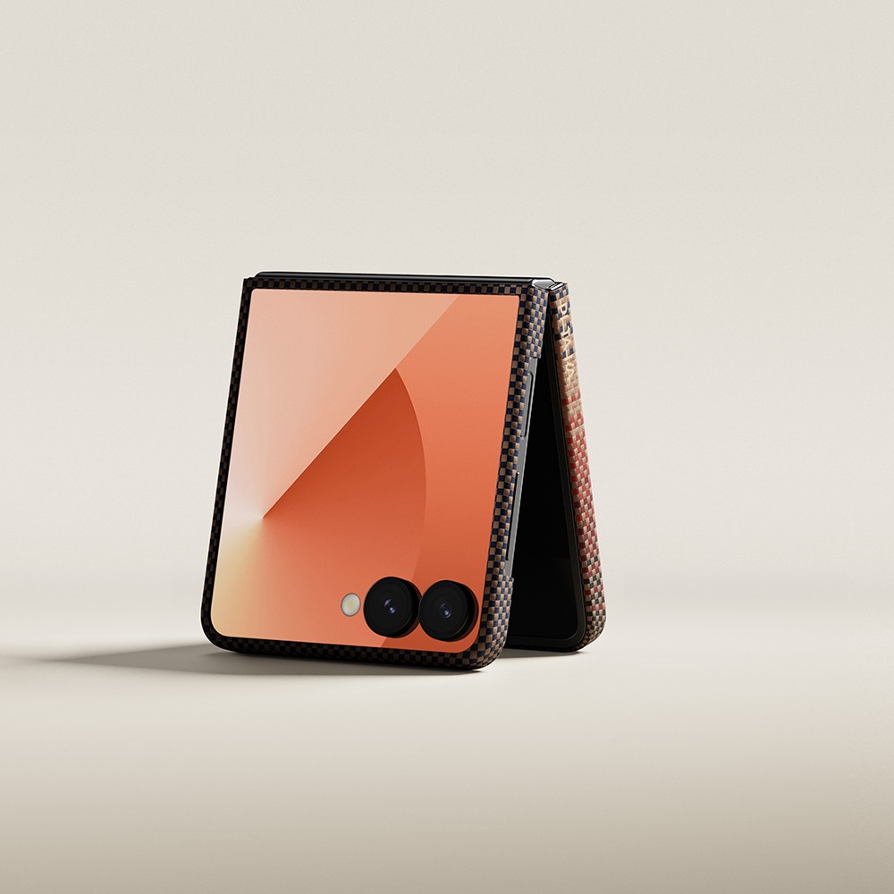Galaxy Z Flip 7 Kılıf M-safe Şarj Özellikli Aramid Fiber Pitaka Tactile Woven Sunset-Moonrise Serisi Kapak