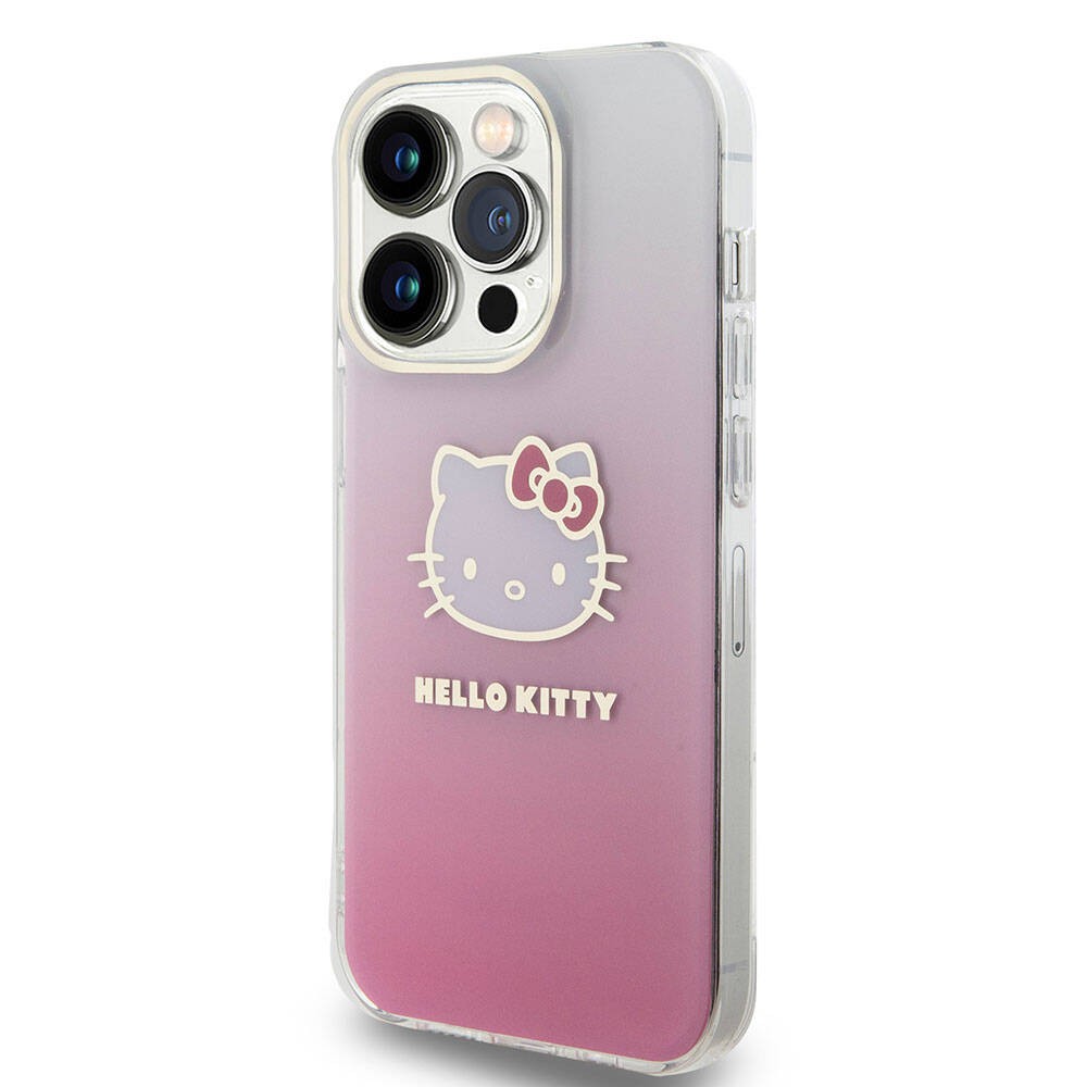 iPhone 15 Pro Kılıf Hello Kitty Orjinal Lisanslı Yazı ve İkonik Logolu Elektroplating Kaplama Gradyan Kılıf