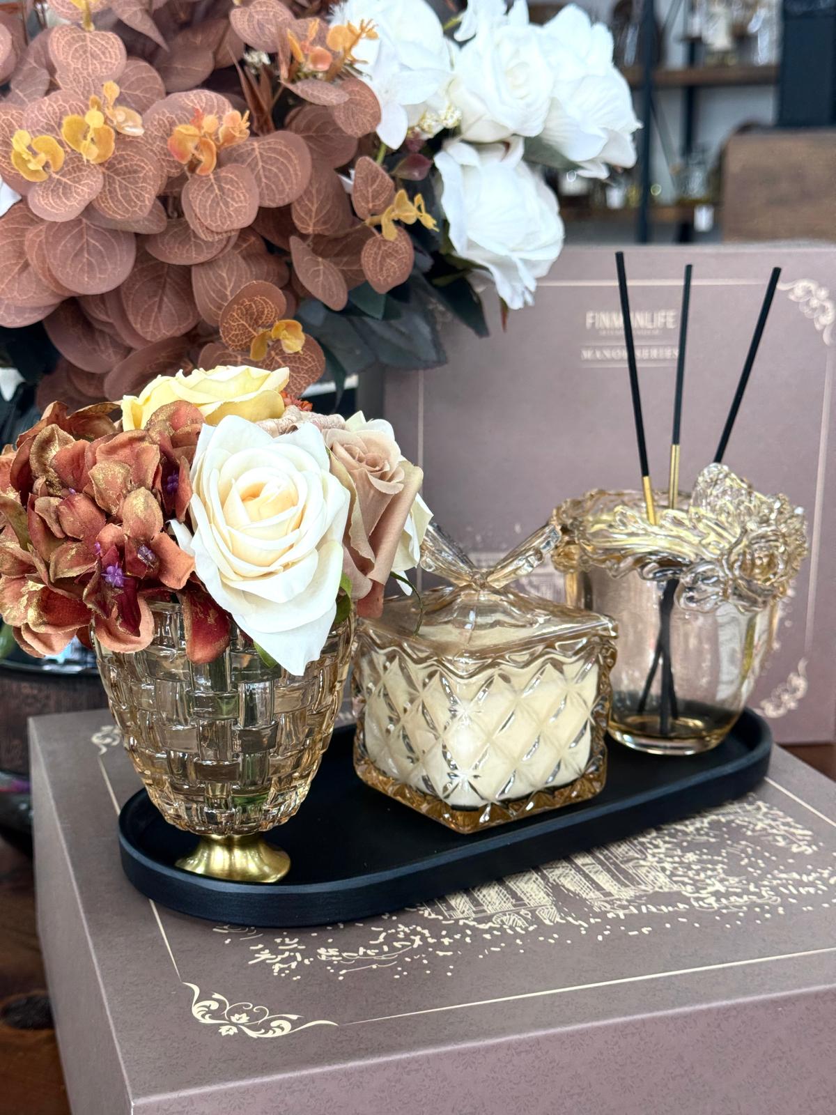 Tasarım Cam Mumluk Ve Koku Seti-Amber