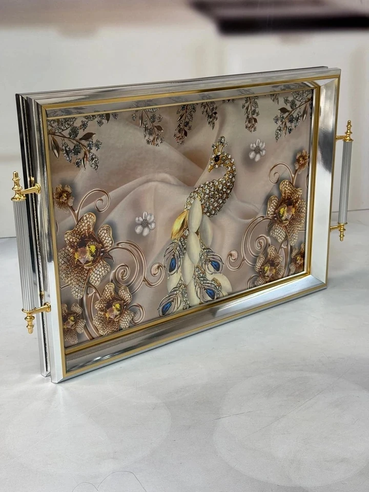 KOSAVA Ahşap Çerçeveli Cam Tepsi-GÜMÜŞ 44/32 cm