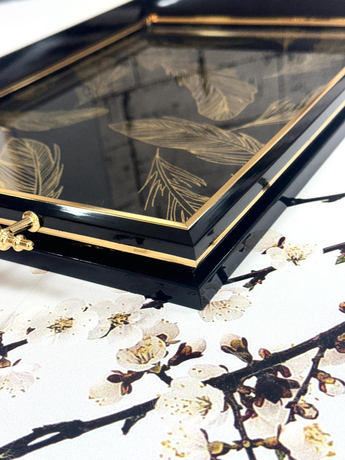 Dikdörtgen Lüx Tepsi Gold Yapraklı 45/31 Cm