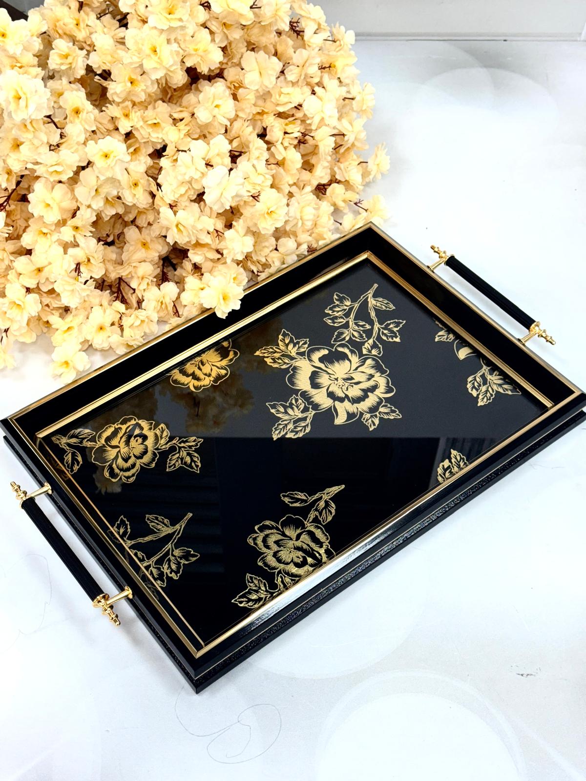 Dikdörtgen Lüx Tepsi Kadife Gold Güllü 45/31 Cm