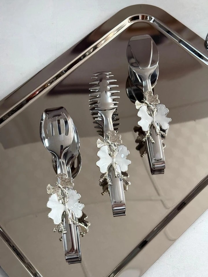 Şahane Home 3 Lü Beyaz Kelebek Gümüş Maşa Seti