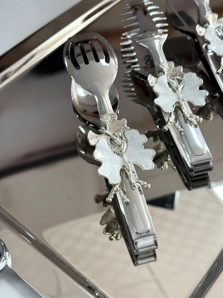 Şahane Home 3 Lü Beyaz Kelebek Gümüş Maşa Seti