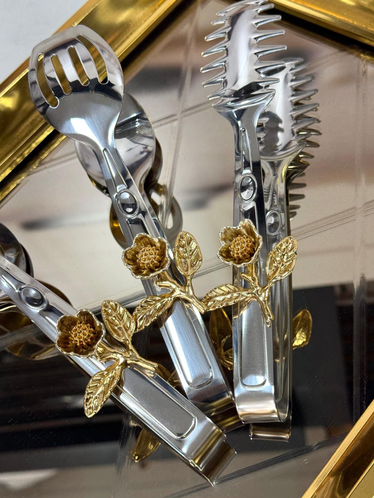 3 Lü Güllü Gümüş Maşa Seti 22 Cm