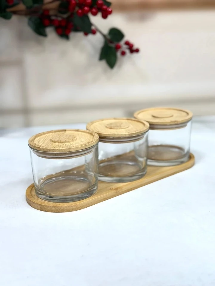 ŞAHANE HOME Cam Bambu Kapaklı Tepsili Sunumluk 3 lü