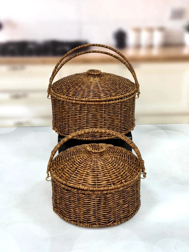 KOSAVA 2 Li Yuvarlak Rattan Kapaklı Sepet 29/24 cm