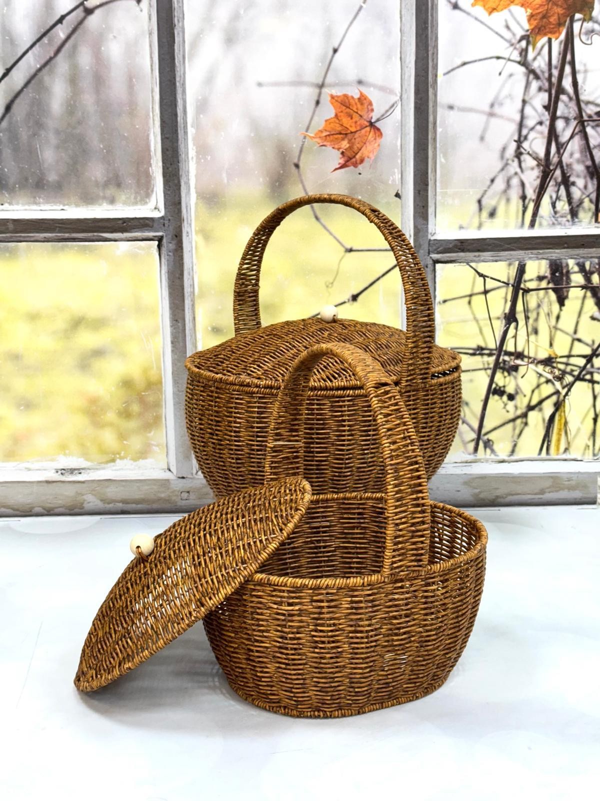 KOSAVA 2 Li Oval Kapaklı Rattan Sepet 39/30 - 31/28 cm