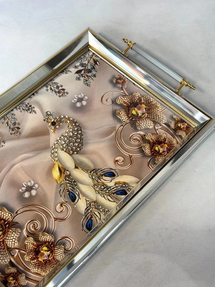 KOSAVA Ahşap Çerçeveli Cam Tepsi-GÜMÜŞ 44/32 cm