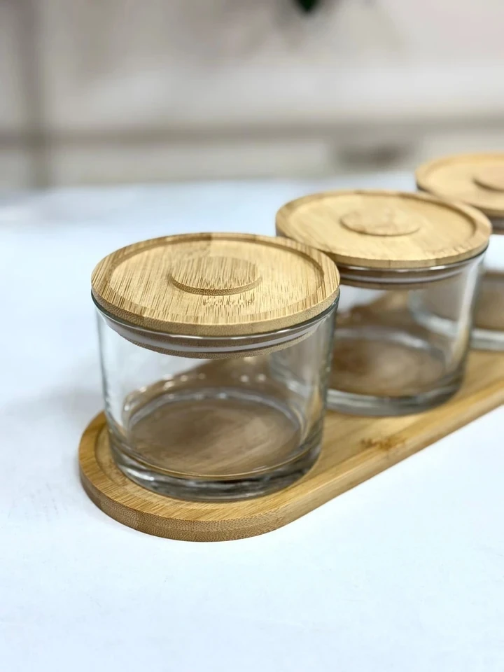 ŞAHANE HOME Cam Bambu Kapaklı Tepsili Sunumluk 3 lü