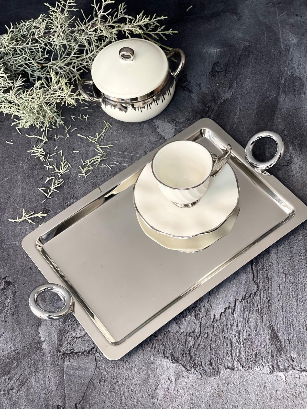 AROW Arow Luxury Dikdörtgen  Gümüş  Kulp Tepsi 28/19 cm