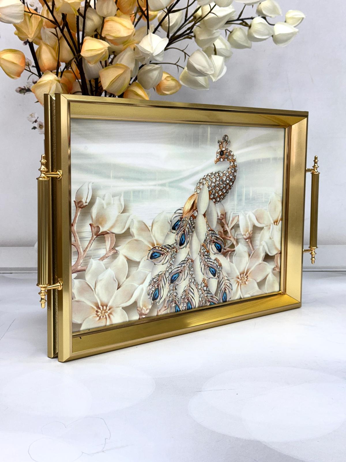 Dikdörtgen Lüx Tepsi Taşlı Tavus Kuşlu-GOLD 45/31 Cm