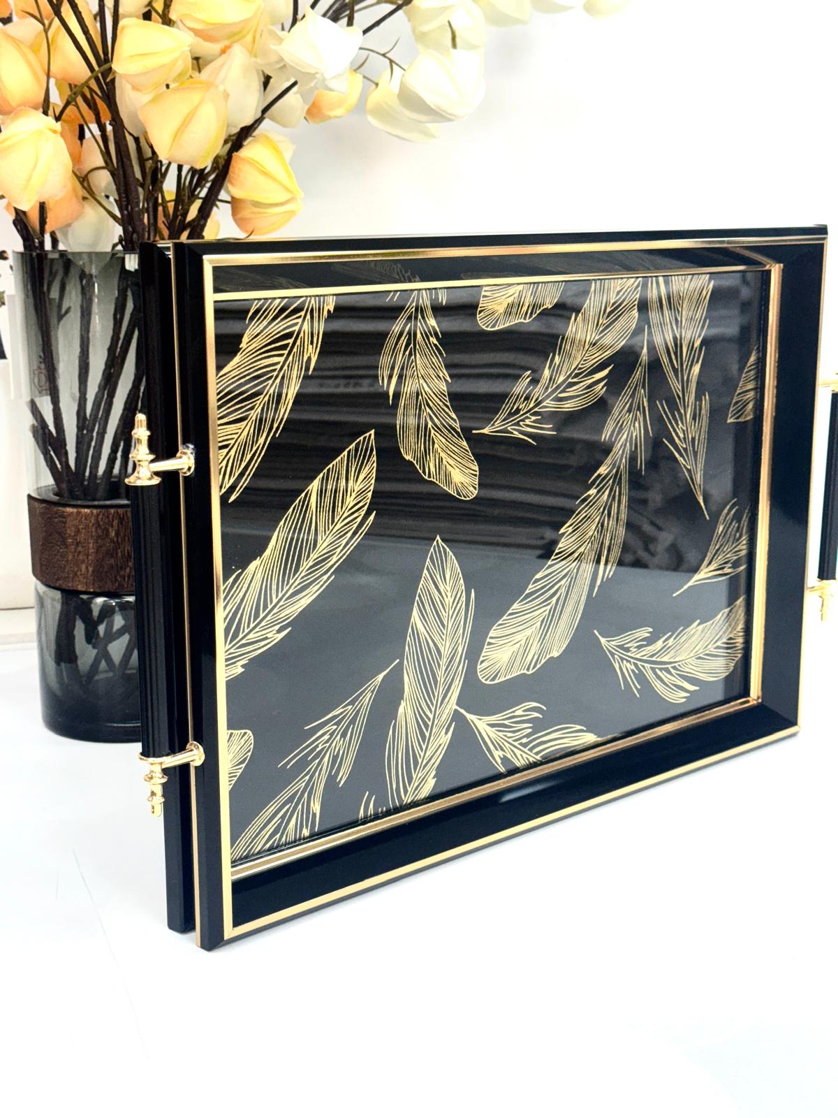 Dikdörtgen Lüx Tepsi Gold Yapraklı 45/31 Cm