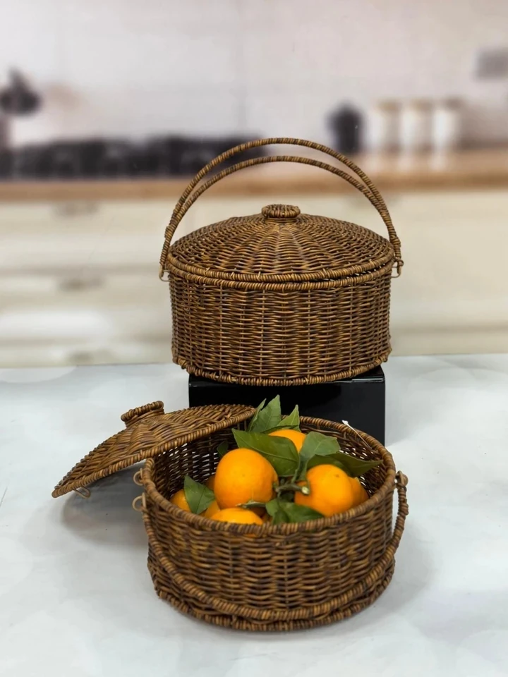 KOSAVA 2 Li Yuvarlak Rattan Kapaklı Sepet 29/24 cm