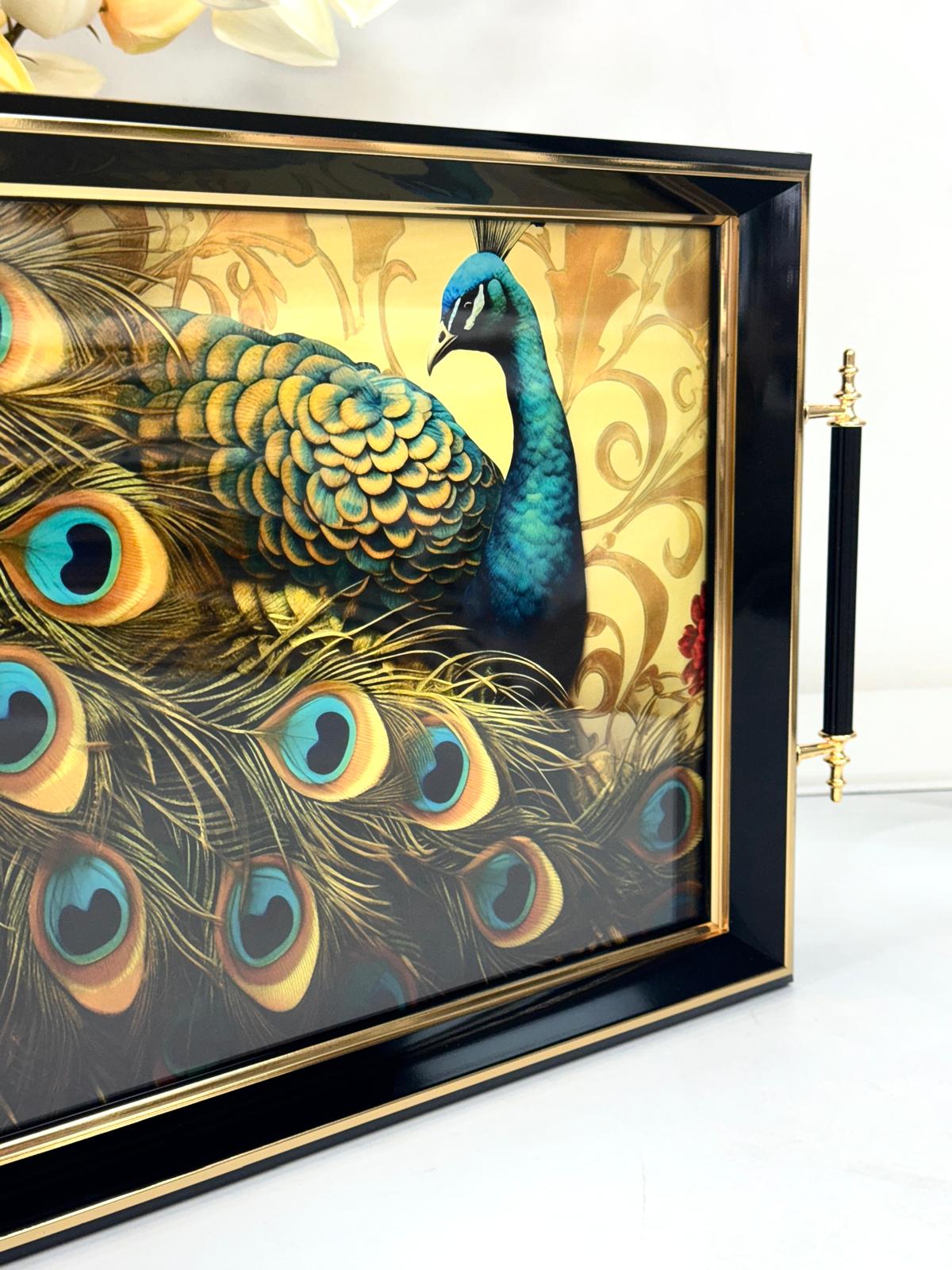 Dikdörtgen Lüx Tepsi Büyük Tavus Kuşlu 45/31 Cm