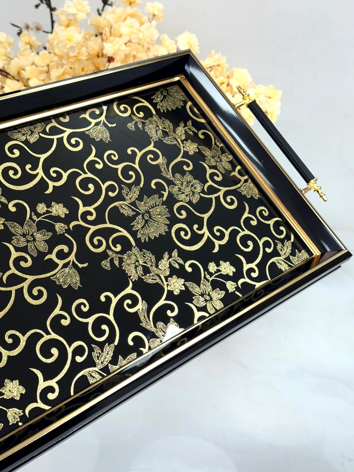 Dikdörtgen Lüx Tepsi Sarmaşık Çiçeli Gold 45/31 Cm
