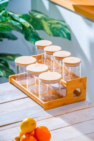 ACAR Malıbu 7 Li Bambu Standlı Cam Baharat Seti