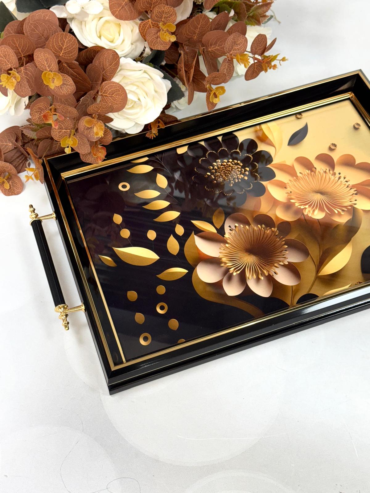 Dikdörtgen Lüx Tepsi Siyah Lotuslu 45/31 Cm