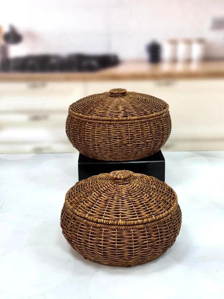 KOSAVA 2 Li Yuvarlak Kapaklı Rattan Sepet 24/30 cm