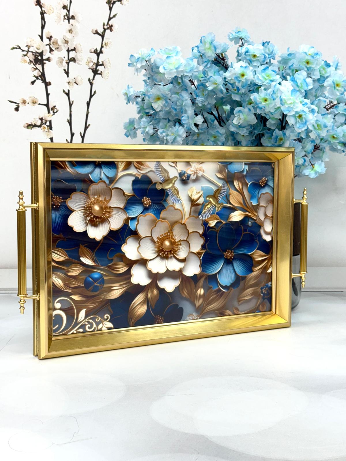 Dikdörtgen Lüx Tepsi Mavi-Beyaz Güllü 45/31 Cm