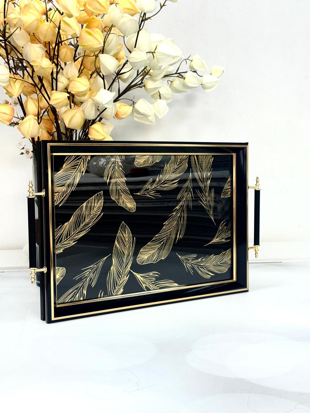 Dikdörtgen Lüx Tepsi Gold Yapraklı 45/31 Cm