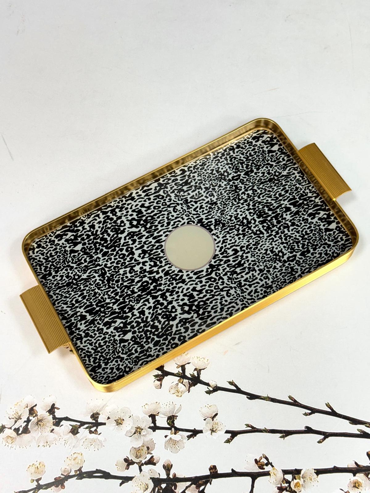 Metal Çerçeveli Cam Tepsi Leopar Desen 24/40 Cm