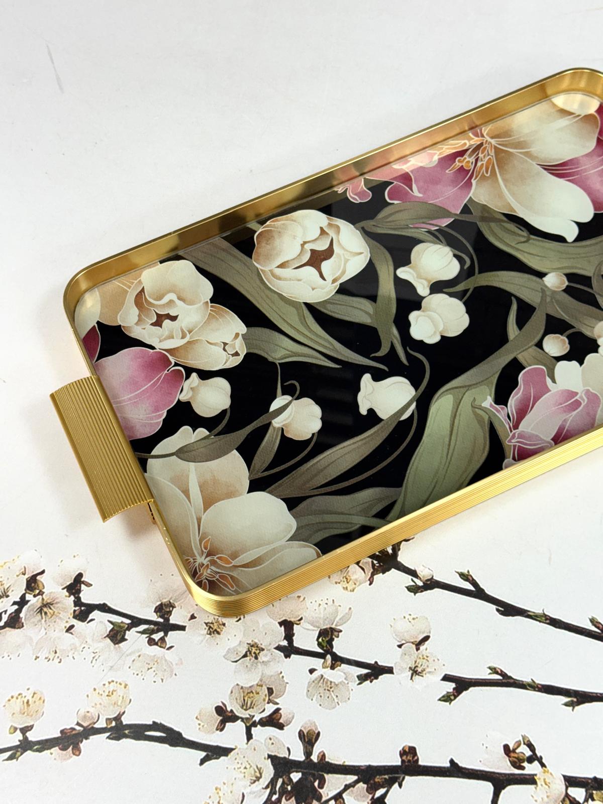 Metal Çerçeveli Cam Tepsi Çiçek Desen 24/40 Cm