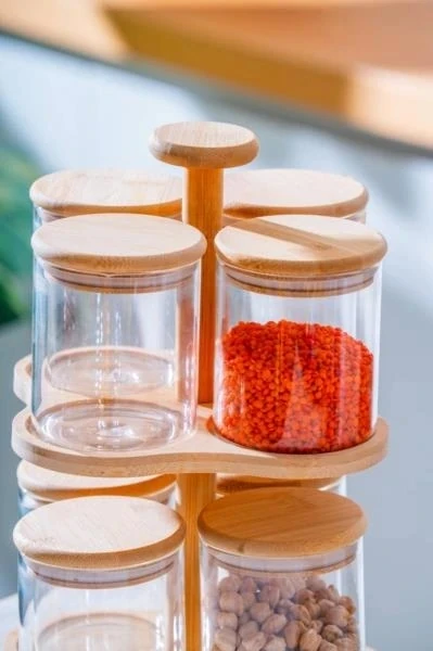 ACAR Malıbu 8 Li Bambu Stanlı Cam Baharat Seti