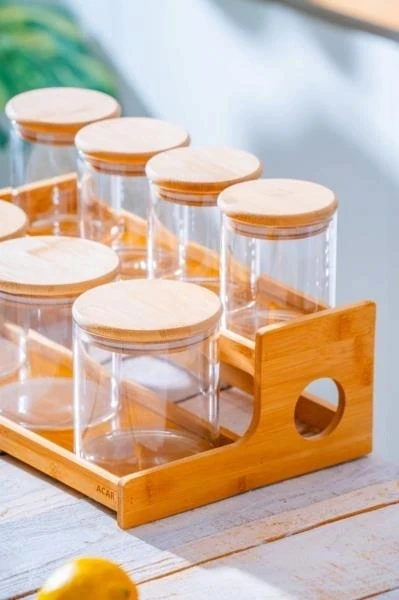 ACAR Malıbu 7 Li Bambu Standlı Cam Baharat Seti